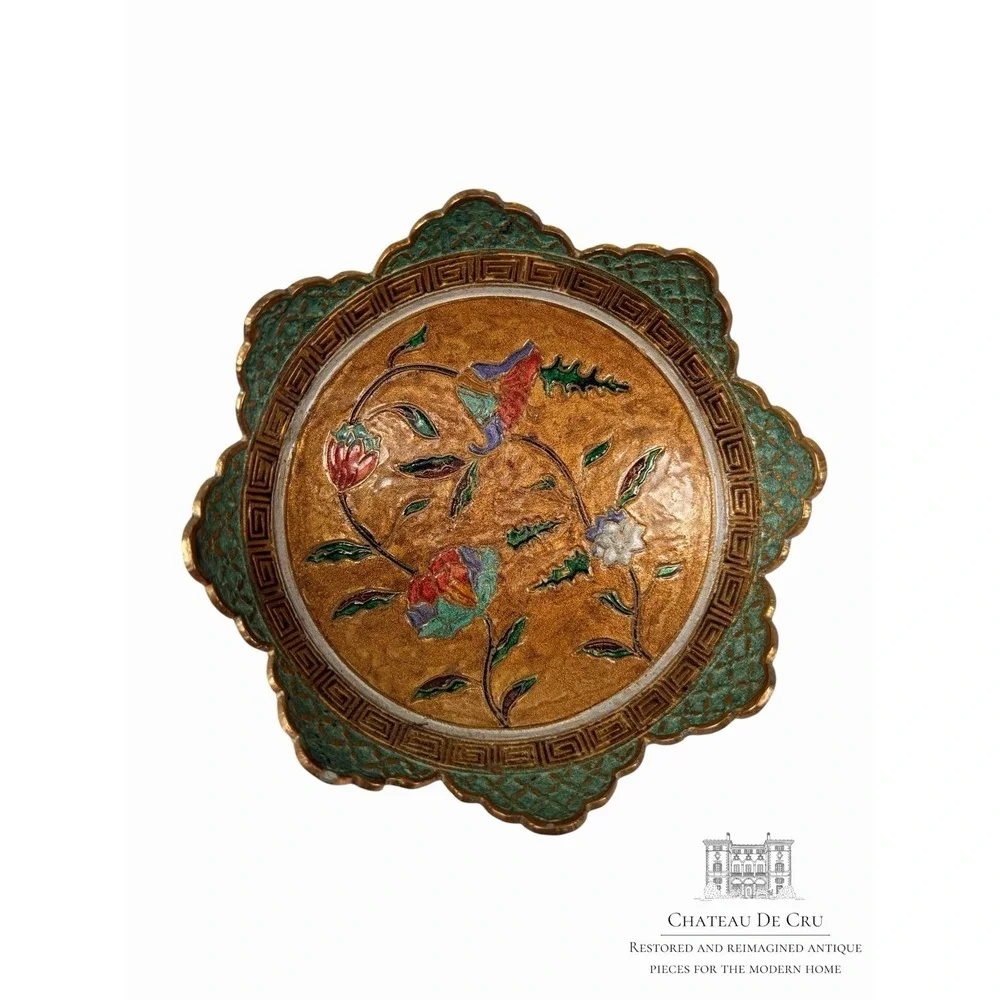 Colorful Cloisonné enamel bowl Scalloped With Floral & Greek Key Design